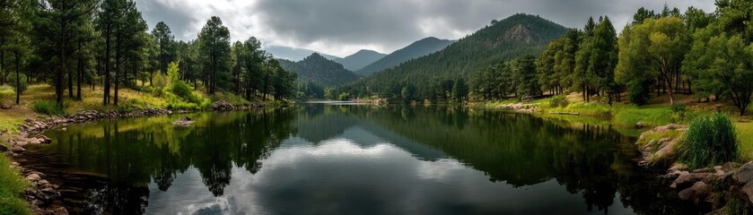 Fototapeta premium Scenic view of lake in pine forest with mountain and park concept. Serene lake reflecting mountains and trees under moody skies.