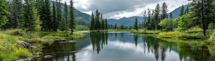 Scenic view of lake in pine forest with mountain and park concept. Serene lake surrounded by lush green trees and mountains.