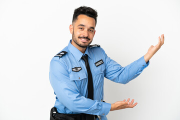 Police caucasian man isolated on white background extending hands to the side for inviting to come