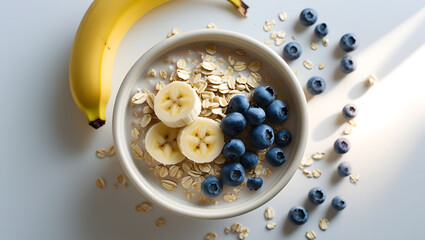 Bowl of oatmeal with sliced banana and blueberries on a white surface