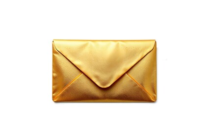 A shiny golden envelope  style clutch on a plain white background. 