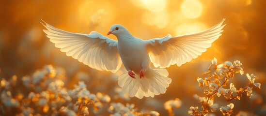 White Dove in Flight at Sunrise Soft Golden Light and Floral Background