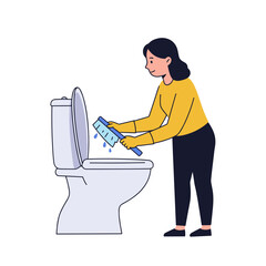 Young woman cleaning toilet with brush while maintaining hygiene at home