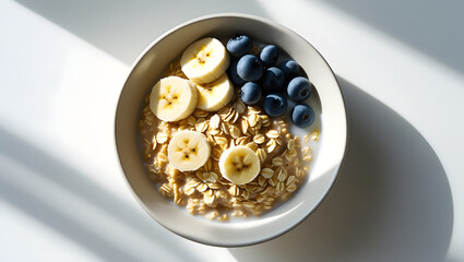 Bowl of oatmeal with banana slices and blueberries on a white table