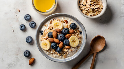 Bowl of oatmeal with banana slices, blueberries and almonds on a stone background