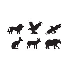 Obraz premium Diverse Animal Silhouettes: Lion, Eagle, Kangaroo, Deer, Bear Vector Illustrations for Stock.