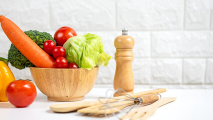 Healthy care for body slim.  Diet and healthy fresh vegetable for detox body slim fit for with kitchenware health lifestyle , white background. Weight Loss and Diet Concept