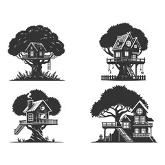 Naklejka premium Silhouettes of tree house vector on a white background. Tree house for kids icon