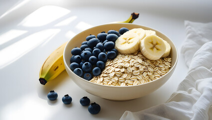 Bowl of oatmeal with blueberries and sliced banana on a white table with a cloth