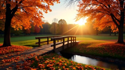 Golden Gateway of Autumn: A picturesque autumn scene unfolds, with a wooden bridge arching gracefully over a serene stream. Flanking the stream, vibrant trees flaunt their fiery foliage.