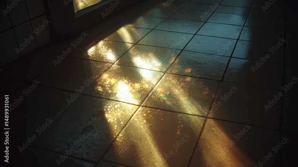 Poster light reflections moving across subway floor in rhythmic patterns during afternoon sunlight