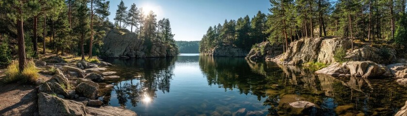 Scenic view of lake in pine forest beside nature park concept. Serene lake surrounded by lush trees and rocky formations.