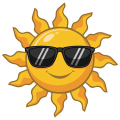 Cartoon sun wearing cool sunglasses isolated vector illustration on white background