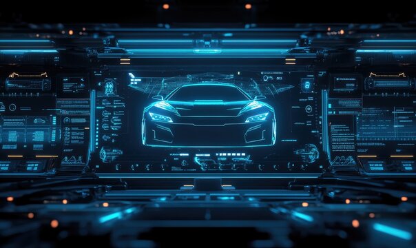 Futuristic cockpit display showing a virtual car - Powered by Adobe