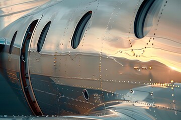 Metallic Airplane Reflecting Sunset: A Detailed View of Rivets, Windows, and the Polished Metal Surface at Golden Hour, Showcasing the Aircraft's Design and Luxury Features.