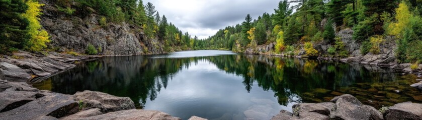Obraz premium Scenic view of lake in pine forest with summer growth concept. Serene lake surrounded by lush trees under a cloudy sky.