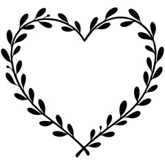 Elegant heart-shaped wreath made of symmetrical leafy branches in a black silhouette style, perfect for romantic, wedding, or nature-inspired graphic compositions.