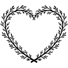 Elegant heart-shaped wreath made of symmetrical leafy branches in a black silhouette style, perfect for romantic, wedding, or nature-inspired graphic compositions.