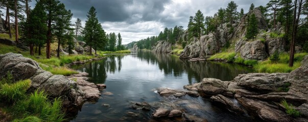 Scenic view of lake in pine forest with summer growth concept. Serene lake surrounded by rocky cliffs and lush green trees.