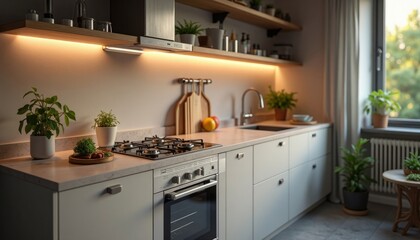 Modern Minimalist Kitchen Interior With Warm Lighting And Greenery