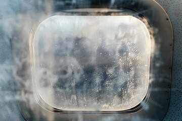 A Steamy, Fogged-Up Porthole Obscures the View from a Vehicle, Creating an Abstract Image with Hints of the Outside World Through the Haze; Exploring Visual Textures and Atmospheric Effects in Photogr