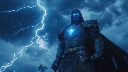 Naklejka premium Powerful fantasy knight in stormy setting dark armor dramatic lightning