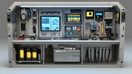 Mobile control unit, tech monitoring, lab background, industrial setting, data analysis