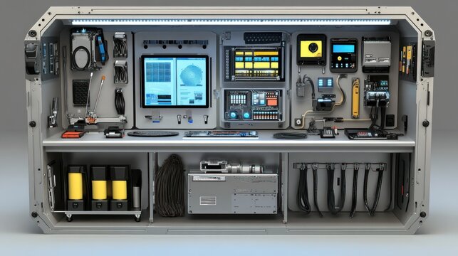 Mobile control unit, tech monitoring, lab background, industrial setting, data analysis