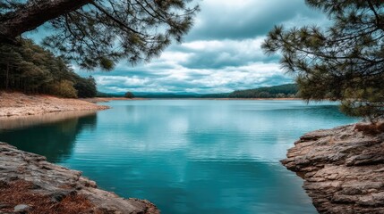 Scenic view of lake in pine forest with mountain and park concept. Tranquil lake scene with calm waters and dramatic cloud formation.