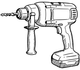 Electric Drill Vector, Handheld Power Tool Illustration