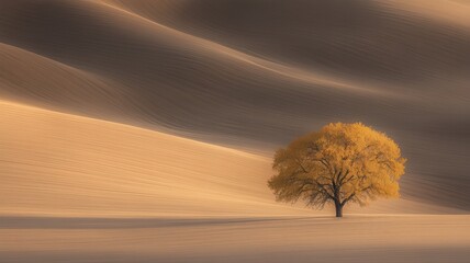 Lone Autumn Tree on Rolling Hill Under a Clean Blue Sky in a Desert Landscape