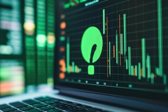 Close-up of laptop screen displaying financial data with a question mark graphic