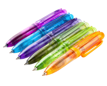 Brightly colored highlighters arranged in row, showcasing vibrant hues of purple, blue, green, and orange. These stationery items are perfect for adding pop of color to notes and documents