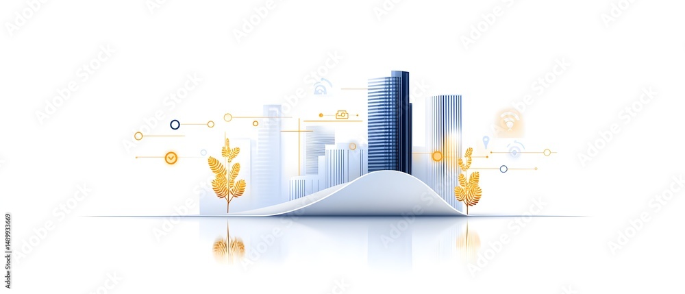 Poster a city skyline with a building that has a tree on it