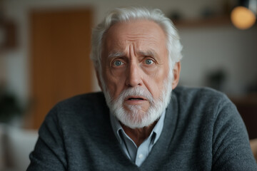 An older man with a beard and white hair is staring at the camera