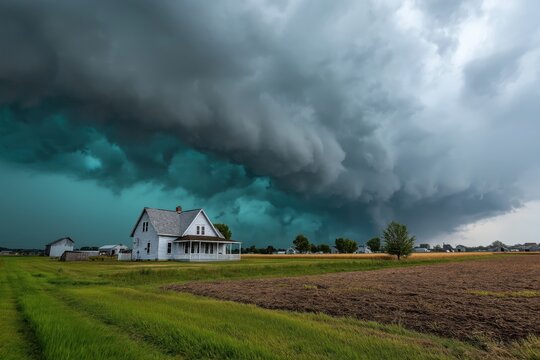 Dramatic storm clouds over rural farmhouse with green fields and dark sky - Powered by Adobe