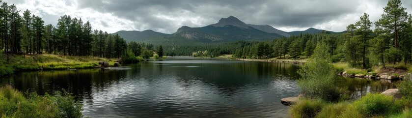 Scenic view of lake in pine forest with mountain and park concept. Serene lake reflecting mountains under a cloudy sky.