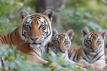 Obraz premium Three tiger cubs are sitting in a tree