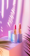 Two lipsticks in pastel shades, displayed on a light-pink cube, under vibrant light and palm leaf shadows