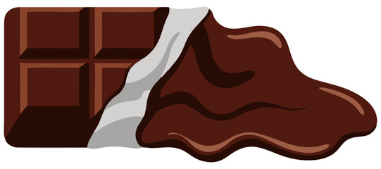 Vector illustration of a chocolate bar with melted caramel filling oozing over the surface, shown in a tempting three-dimensional perspective.