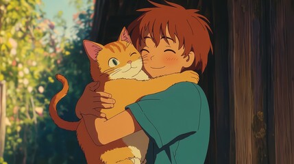Boy hugging cat illustration