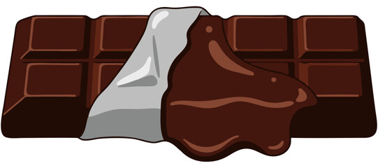 Vector illustration of a chocolate bar with melted caramel filling oozing over the surface, shown in a tempting three-dimensional perspective.