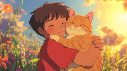 Boy hugging cat in field of flowers