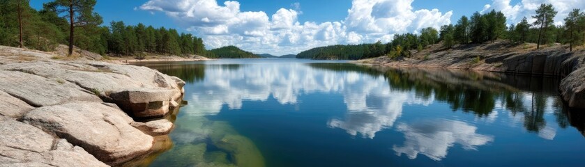 Scenic view of lake in pine forest beside nature park concept. Serene lake scene reflecting skies and rocks in tranquil nature.