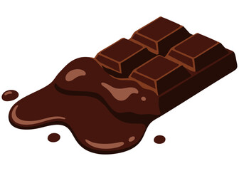 Vector illustration of a chocolate bar with melted caramel filling oozing over the surface, shown in a tempting three-dimensional perspective.