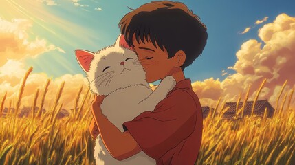 Boy hugging cat wheat field