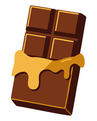 Vector illustration of a chocolate bar with melted caramel filling oozing over the surface, shown in a tempting three-dimensional perspective.