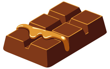 Vector illustration of a chocolate bar with melted caramel filling oozing over the surface, shown in a tempting three-dimensional perspective.