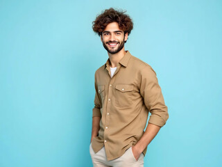 Obraz premium Smiling man with curly hair in beige shirt, blue background. Friendly professional vibe.