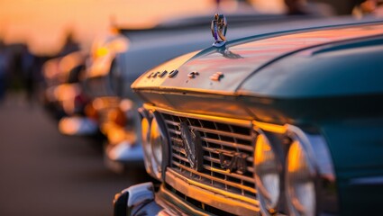 Fototapeta premium Close-Up of Vintage Retro Car at Sunset with Gleaming Chrome and Cinematic Golden Hour Lighting